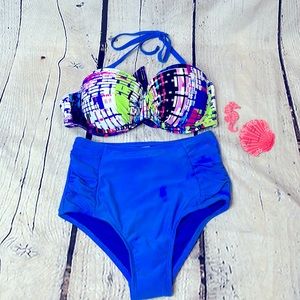 Coral Tropics By Apollo Swimwear Blue Green High Waisted Bikini Swimsuit Set